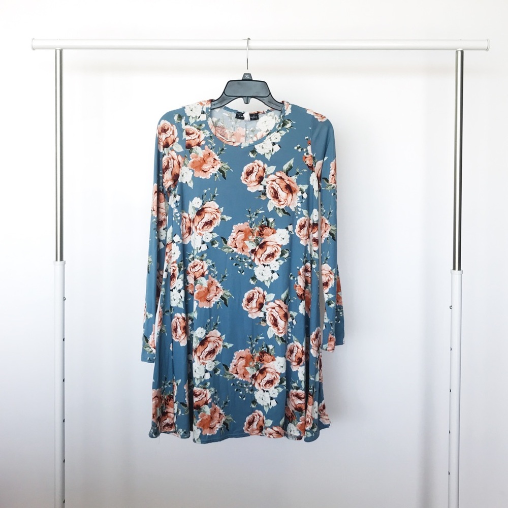 FRENCH ATMOSPHERE — Blue Floral Long Sleeve Dress